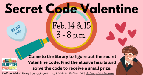 Pink background with cartoon depiction of teal and orange magnifying glass, child Sherlock-dressed detective, red hearts and a candy heart. Text.