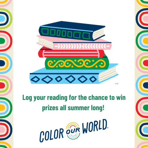 Stack of multicolor books. Color Our World Logo