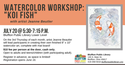 Coral band across top of flyer. Watercolor image of orange and white koi fish swimming in blue/gray water. Gray frame. Text from description. Library Logo.