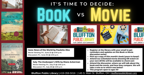 Black background, Title in bright teal and yellow print; old fashioned film-like image with book covers, logo, and books and movie items in each of the frames. 