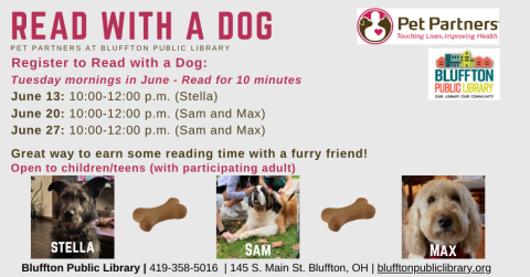 Light gray background with dark pink and black print; Pet Partners and library logos; photos of dogs, with an image of a dog bone in between