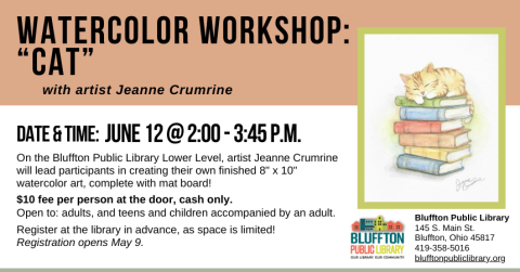 Watercolor of a orange tabby cat sleeping on top of a stack of multicolored books.