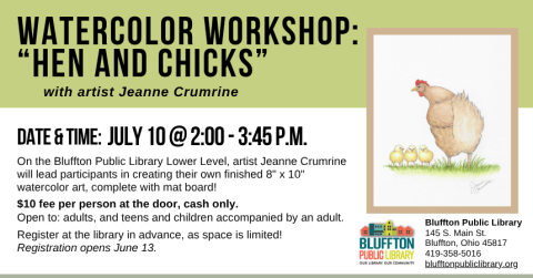 Watercolor of a brown hen with a red comb tending to two yellow chicks.