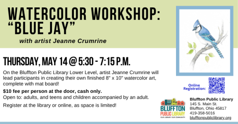 Watercolor Workshop: Horse (R)($) will be held Thu., June 11 from 5:30 p.m. - 7:15 p.m.   Local artist Jeanne Crumrine will teach on the lower level of the library. Walk away with your own watercolor art, complete with mat! There is a $10 supply fee at the door (cash only please). Register in person or online.   Open to adults, and teens and children with an accompanying adult.