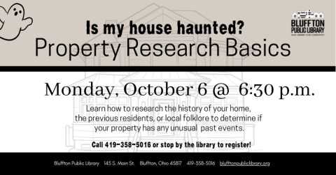 cartoon ghost and black and white library logo; text