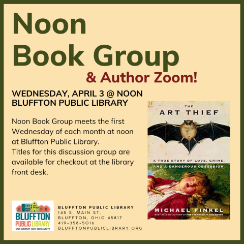 Cream colored background, green frame and title. Image of book with artwork of a bat and of a child sleeping. Text. Library logo.