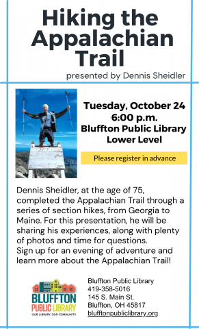 White flyer with blue line accents. Photo of Dennis Sheidler at the top of the trail with blue sky behind him. Black text and library logo.