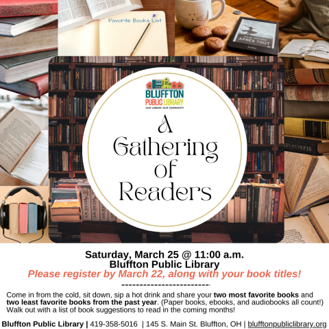 Photos of open books and multicolored books in shelves, circle of white with text.