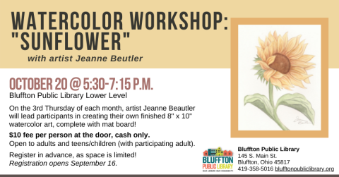 White background with buttery yellow banner across the top and yellow, gold, and green sunflower painting with tan frame.