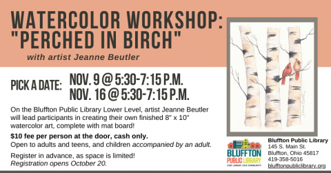 White background with orange bar across top. Watercolor image of a pair of red cardinals on gray and white marked birch trees. Black text.