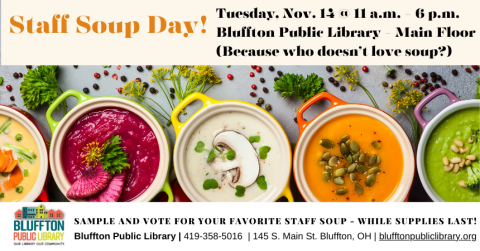 A colorful array of soups lined up in bowls on a granite counter; herbs and spices scattered on the counter. Orange title and black text.